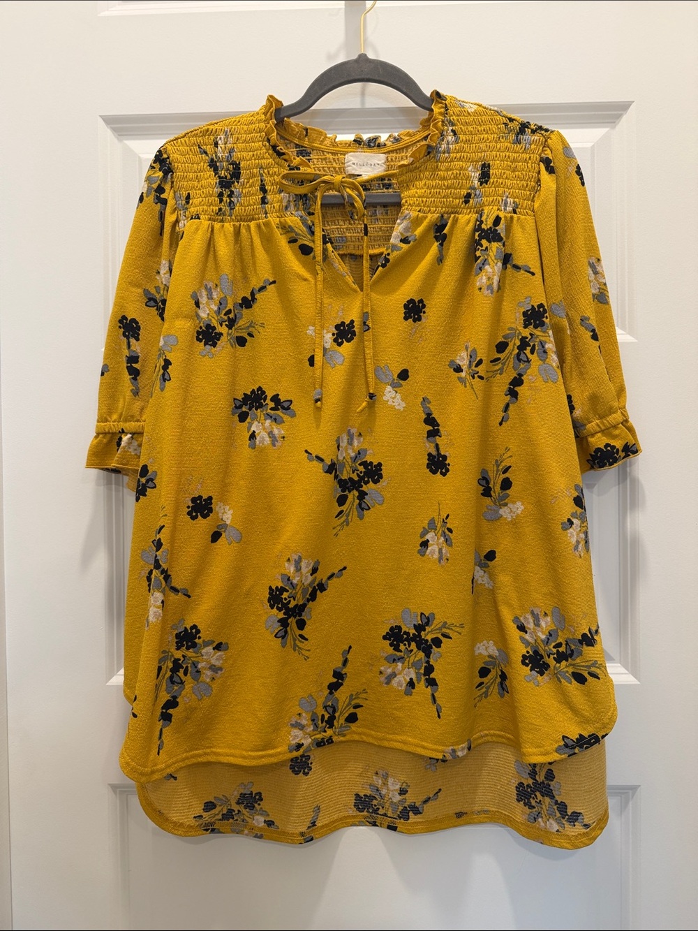 MELLODAY Mustard Floral Smocked Yoke Tunic